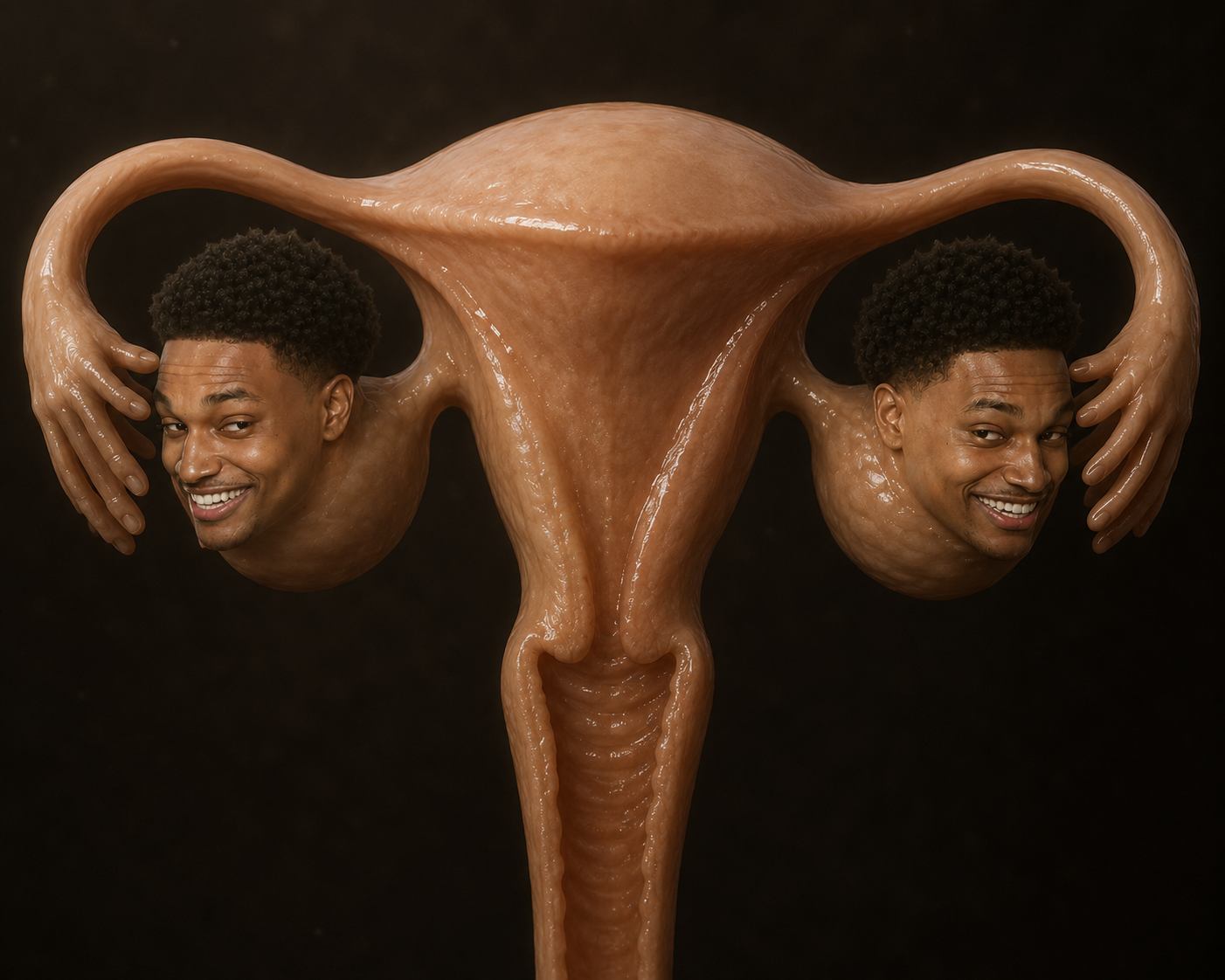 The $ANSEMBRYO mascot — twin faces being birthed from the blockchain womb
