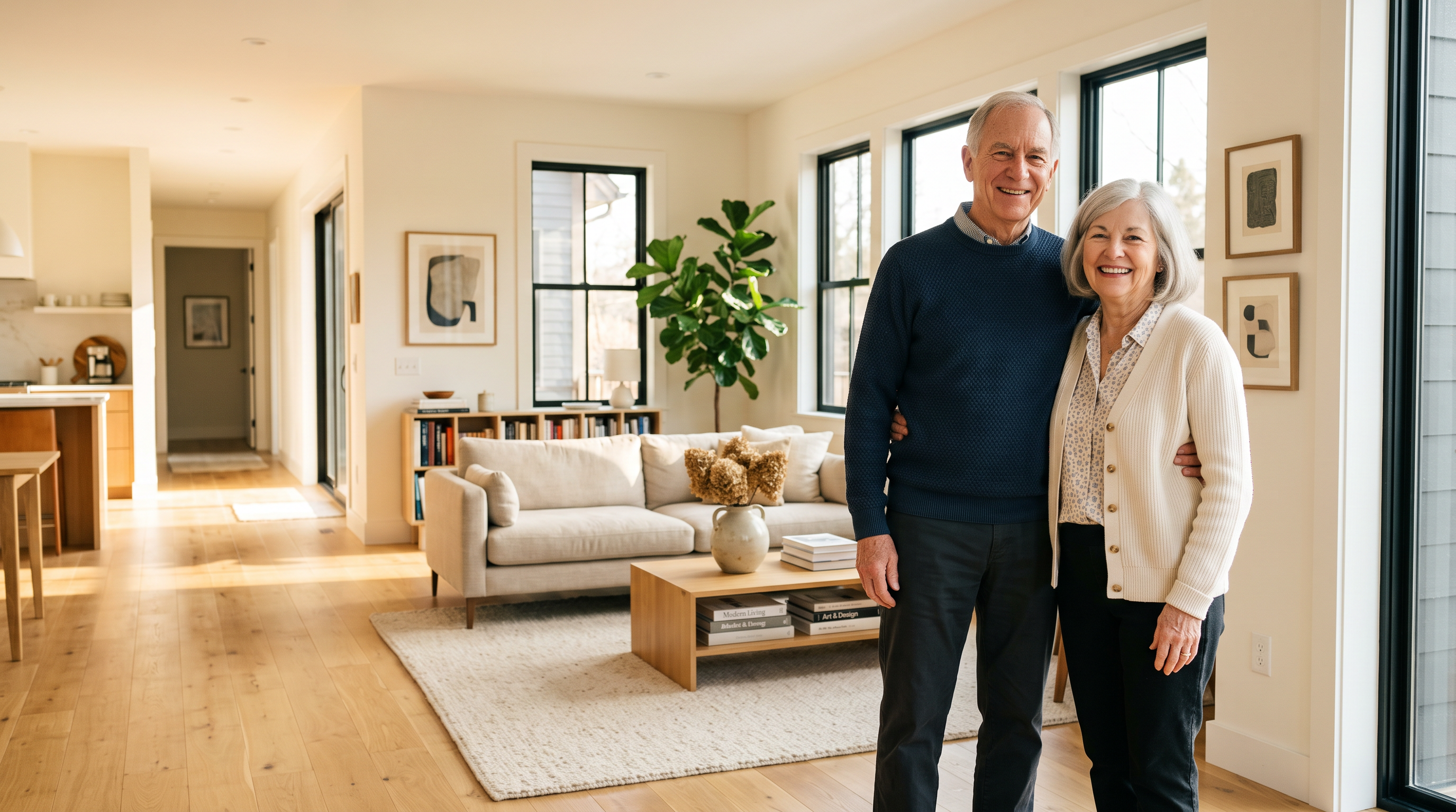 Happy elderly couple relaxing together in their warm, sunlit home